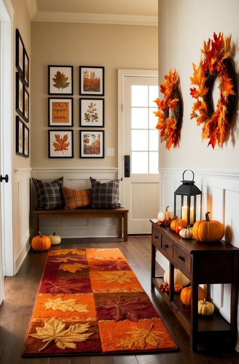 Embrace the warmth of fall with this inviting hallway adorned in rich, warm tones. The playful plaid accents, along with charming pumpkins and gourds, bring seasonal cheer. A soft glow and nature-inspired art enhance the cozy atmosphere, making it a perfect entryway for the season! #falldecor #falldesign #autumndecor #entrywayinspo #cozyentryway #homedecor #homedesign #fallhomedecor Hallway Upstairs, Fall Living Room Ideas, Cozy Fall Living Room, Entryway Inspo, Pumpkins And Gourds, Fall Entryway, Dining Ideas, Fall Living Room, Autumn Ideas