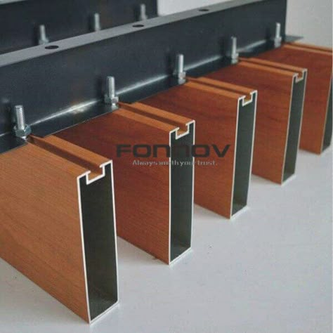 Timber Baffle Ceiling With Extruded Aluminum | FONNOV CHINA Baffle Ceiling, Ceiling Solutions, Exterior Wall Cladding, Aluminium Cladding, Wooden Facade, Cladding Systems, Wood Slat Wall, Facade Cladding, Entrance Gates Design