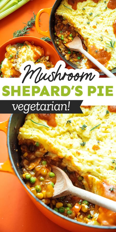 Cozy up with a plate full of Vegetarian Shepherd's Pie. It's the ultimate comfort dish complete with fluffy mashed potatoes and veggies! It's a flavor packed meal perfect for feeding the whole family (and it's healthy too!) #irishfood #stpatricksday #vegetarian #dinner #healthydinner Mushroom Shepards Pie Vegetarian, Vegetarian Shepards Pie Recipe, Vegan Shepards Pie Recipe, Mushroom Shepards Pie, Couple Meals, Sheppards Pie Recipe, Mushroom Shepherds Pie, Peas And Corn, Mexican Ideas