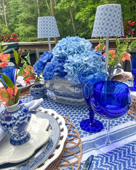 Who knew a scarf could make such a charming tablecloth? 💙 Paired with a soup tureen from the late 1800s filled with lifelike hydrangeas, this blue and white setting feels both timeless and fresh. 🥰 And those table lamps? I crafted the shades from scrapbooking paper! Sometimes, the most beautiful decor comes from a touch of creativity and a sprinkle of history. 🌸🕯️ #DIYDecor #VintageCharm #TablescapeMagic #CreativeReuse #HomeDecor #tablesforsoiree #ilovetablescapes #tablescape #blueandwhite... Blue Dinner Party, 32 Birthday, Blue Decor, Cobalt Blue, Beautiful Decor, Vintage Charms, Hydrangea, Tablescapes, Scrapbook Paper