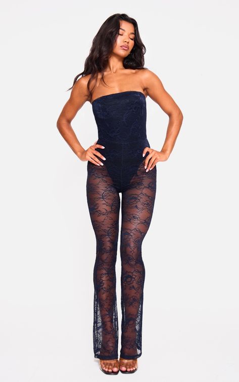 The Navy Lace Bodysuit Detail Bandeau Jumpsuit. Head online and shop this season's range of jumpsuits & playsuits at PrettyLittleThing. Full Bodysuit Outfit, Lace Bodysuit Outfit, Lace Body Suit, Petite Swimwear, Bandeau Jumpsuit, Bodysuit Outfit, All Black Dresses, Bodycon Dresses Casual, Full Body Suit