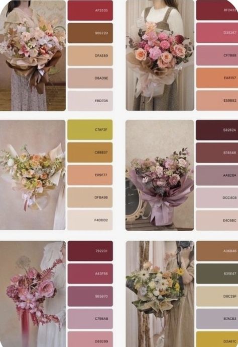 Color Palette For Flowers, Flower Packaging Design Boxes, Flower Bouquet Color Palette, Flowers Business Ideas, Wedding Palette Ideas, Small Flower Shop, Flowers Color Palette, Bouquet Flowers Wedding, Flower Shop Design