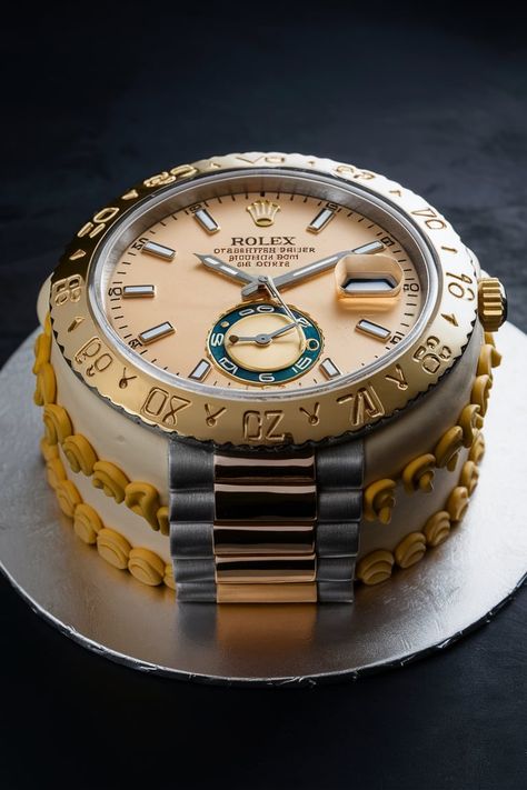 This Rolex-inspired cake is the epitome of luxury and attention to detail, making it the perfect addition to any sophisticated birthday celebration. With elements that mimic the iconic features of a Rolex. It's an ideal choice for someone who appreciates the craftsmanship of luxury watches #rolexcake #cakeideas #birthdaycake #luxurycake #designercake #celebrationcake #cakeinspiration #cakedecorating #baking #sweetreats Men Cake Ideas, Rolex Cake, 27 Birthday Ideas, Watch Cake, Cake Samples, Men Cakes, Unique Birthday Cakes, Luxury Cake, Designer Cakes