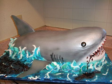 I was asked to make a 3D shark cake that looked like it was coming out of the water...this is what I came up with. Shark Pics, Underwater Birthday, Sharks Scary, Shark Birthday Cakes, Ocean Birthday Party, Shark Themed Birthday Party, Shark Cake, Ocean Birthday, Beach Cakes