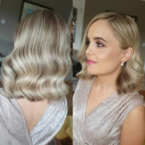 Aisling Byrne H A I R on Instagram: "Glam waves aren't just for long hair. They look stunning in mid-lenght and bob-lenght hair too 🙌 I can see this being very popular for Autum/ winter 🖤 Makeup by the talented @julietmorrowmakeup #aislingbyrnehair #bridesofinstagram #bridalspecialist #hollywoodwaves #glam #waves #bridesmaids #weddinginspo #idocrew #gettingmarriedinireland #weddingsuppliers #bob #shorthair #blonde #glossyhair #onefabday #irishbrides2023 #irishbrides2024" Shoulder Length Blonde Bridal Hair, Retro Waves Medium Hair, Wedding Mid Length Hairstyles, Short Blonde Bridal Hair Down, Wedding Waves Short Hair, Wavy Lob Wedding Hair, Waves On Mid Length Hair, Glam Curls Short Hair, Hollywood Waves Bob Hair