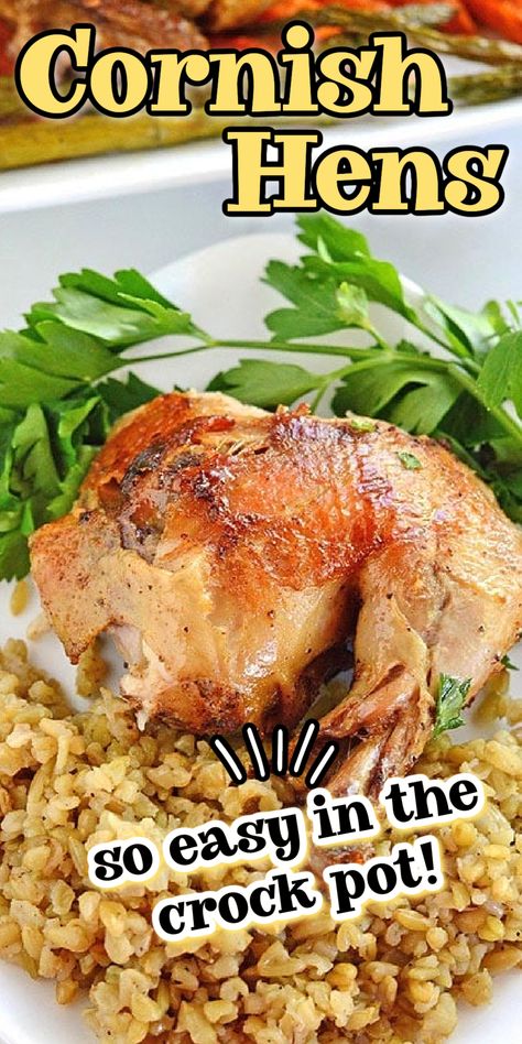 Piece of chicken cooked on a plate with a side of rice pilaf with parsley garnish. With Pinterest overlay. Instant Pot Cornish Game Hens, Crock Pot Cornish Hen Recipe, Cornish Hen And Dressing, How To Cook Cornish Game Hens, Cornish Game Hens Crockpot, Cornish Hen In Crockpot, Crockpot Cornish Hens Slow Cooker, Cornish Hen Crockpot, Easy Cornish Hen Recipe