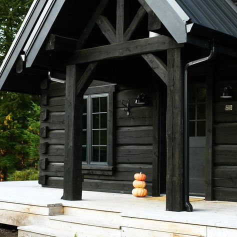 29 Stunning Black House Exterior Ideas: Modern Design, Wood Accents, and Elegant Contrasts - placeideal.com Black Log Cabin Exterior, Log Cabins Exterior, Black Log Cabin, Colorful Landscaping, Log Homes Exterior, House Exterior Ideas, Log Cabin Exterior, Modern Log Cabins, Black Cabin