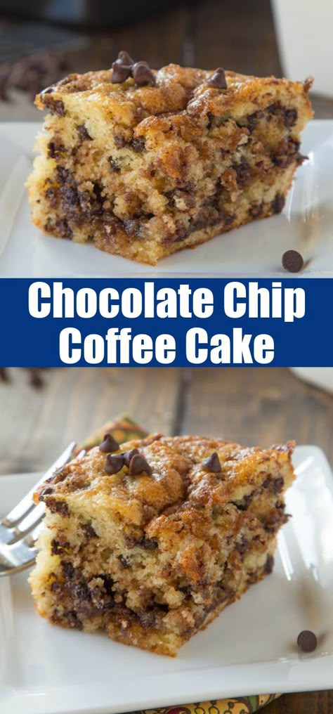 Chocolate Chip Coffee Cake - A light and fluffy coffee cake with a layer of chocolate chip streusel in the middle and on top! Omit the chocolate chips and you have the classic coffee cake you know and love! Fluffy Coffee Cake, Easy Chocolate Chip Cake, Chocolate Chip Coffee Cake, Fluffy Coffee, Classic Coffee Cake, Banana Coffee Cakes, Coffee Cake Recipes Easy, Streusel Coffee Cake, Chocolate Breakfast