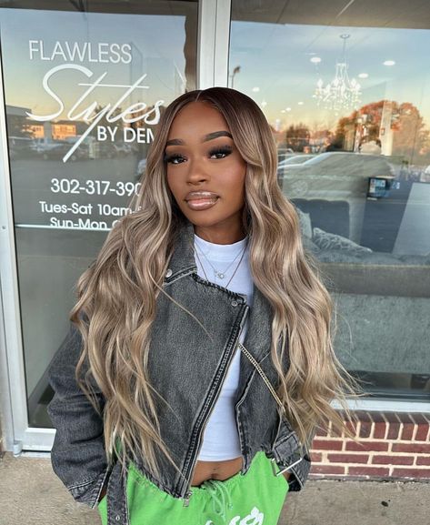 Ombré Ash Blonde, Balyage Long Hair Black Women, Long Blonde Bob Black Women, Dark Roots Blonde Hair Black Women, Ash Blonde Sew In, Ash Blonde Balayage Black Women, Blonde Hair Dark Skin Women, Ash Blonde Dark Skin, Colored Wig Ideas