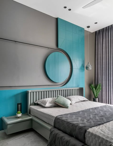 Blue Bed Back Design, Best Headboard Designs, Bed Panelling Modern, Bed Wall Panelling Design, Bed Back Paneling Design, Bedroom Wall Blue, Blue Bedroom Interior Design, Bed Headboard Design Modern, Headboard Wall Design