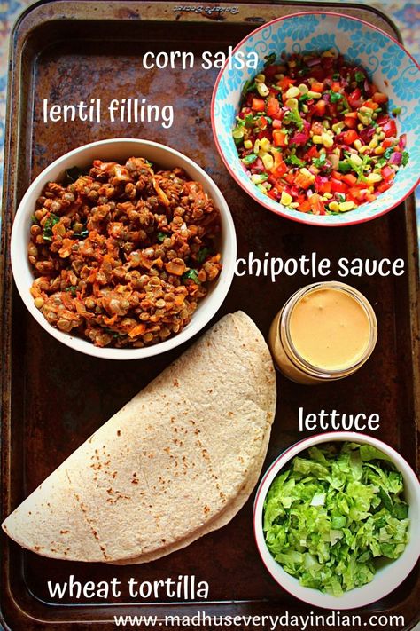 Lentil Fajitas, Spicy Chipotle Sauce, Vegan Entree Recipes, Vegetarian Burrito, Green Lentil, Vegan Burrito, Veggie Burrito, Lentil Dishes, Asian Vegetables