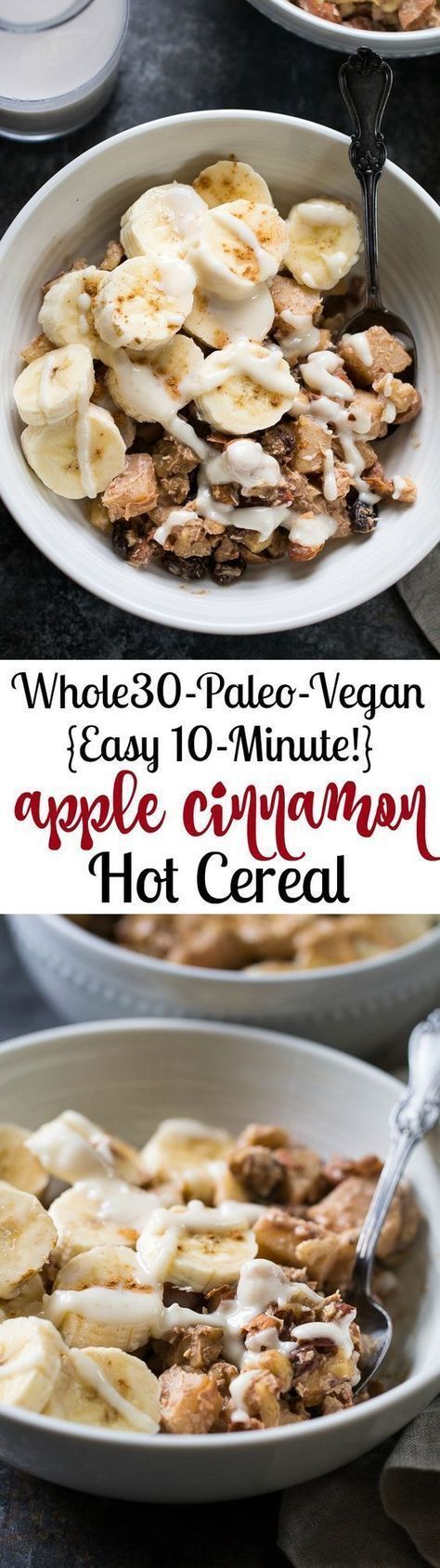 This easy Apple Cinnamon Paleo Hot Cereal is ready in just 10 minutes, free of added sugar, Paleo, Whole30 compliant and vegan. Just as delicious for an afternoon snack as it is for breakfast! Patisserie Vegan, Whole 30 Breakfast, Whole 30 Diet, Hot Cereal, Recipe 30, Afternoon Snack, Paleo Vegan, Paleo Whole 30, S'mores