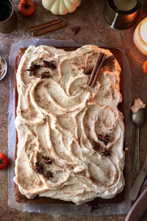 Desirably effortless, this tender Pumpkin Chai Cake will evoke the very essence of fall with its notably sweet spice and fragrant Brown Butter Frosting. Pumpkin Cake With Brown Butter Frosting, Pumpkin Butter Chai Cake, Chai Pumpkin Cake, Brown Butter Pumpkin Cake, Pumpkin Chai Dessert, Brown Butter Chai Cake, Pumpkin Chai Bread, Holiday Spice Cake, Pumpkin Chai Cake