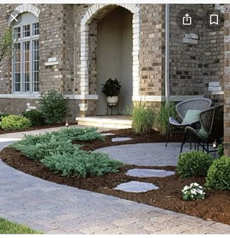 Front Patio Chair Ideas, Front Entry Gardens, Front Porch With Rug, Uncovered Outdoor Patio Ideas, Front Yard Seating Area No Porch, Front Yard Seating Area Ideas, Front Yard Seating Area, Front Yard Sitting Area Ideas, Hostas Landscaping