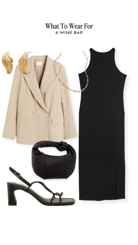 A black midi dress styled with heeled sandals, beige blazer & clutch bag. Beige Blazer With Dress, Blazer With Bodycon Dress, Bodycon Dress With Blazer Outfit, Maxi Dress And Blazer Outfit, Bandeau Dress Outfit, Rising Virgo, Cap Rising, Dress With Blazer Outfit, Black Bandeau Dress