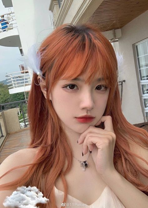 Front View Nose, Deep Copper Hair, Crinkled Hair, Redhead Asian, Medium Long Haircut, Red Long Hair, Medium Long Haircuts, Hair Color Orange, Long Haircut