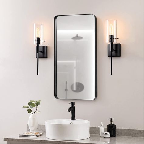 KAWOTI Modern Indoor Wall Sconce Lighting Set of 2 Black Sconces Wall Decor Set of 2 Interior Bedroom Wall Sconces with Clear Glass Shade - - Amazon.com Master Bath Mirrors And Lighting, Bathroom Mirror With Sconces, Black Bathroom Sconces, Modern Farmhouse Bathroom Lighting, Mirror And Sconces, Black Bathroom Light, Bathroom Makeovers, Black Sconces, Renovation Inspiration