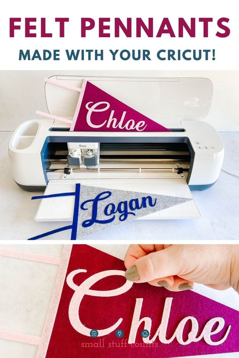 DIY Felt Pennant Banner (No-Sew Cricut Project) - Small Stuff Counts Pennant Decor Ideas, Cricut Maker Sewing Projects, Diy Banners Ideas, Cricut Felt Projects Christmas, Gifts To Make With A Cricut, Cricut Fabric, Felt Banners Diy, Quick Cricut Projects, Pennant Flags Diy