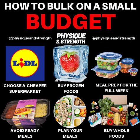 Are you bulking on a budget?💰 - Comment down below your bulking on a budget food choices!👇🏻 - Tag your gym buddies!👇🏻 - Firstly it’s probably a good idea to choose to shop at the cheaper supermarkets (aldi/lidl). This can result in around a 30% decrease in the price of your food shop.🛒 - Frozen foods are generally a lot cheaper then fresh foods and can be stored for longer, so I’d suggest buying frozen foods in bulk then meal prepping in bulk to allow yourself to plan your meals and avoid On A Budget Grocery List, Bulking Meal Plan, Budget Grocery List, Bulking Meals, Budget Grocery, Gym Buddies, Fitness Nutrition Plan, Budget Food, Workout Program Gym