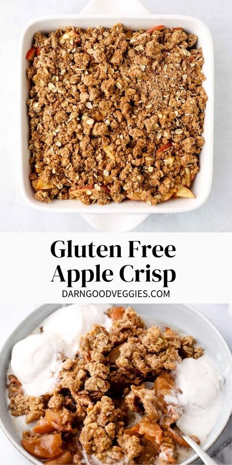 Gluten Free Apple Crisp is filled with tender, juicy baked apples and a golden brown cinnamon oat crumble. Can be naturally sweetened! Sugar Free Apple Crisp, Gluten Free Apple Crisp Recipe, Gluten Free Apple Recipes, Gluten Free Apple Crumble, Healthy Apple Crisp, Gluten Free Apple Crisp, Gluten Free Apple, Apple Crisp Recipe, Oat Crumble