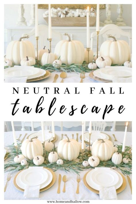 neutral fall tablescape white pumpkins Thanksgiving Table Settings Dollar Store, Thanksgiving Table Settings Centerpieces, Tablescape Thanksgiving, Thanksgiving Table Settings Diy, Football Halloween, Thanksgiving Table Settings Simple, Halloween Chic, Design Humor, Thanksgiving Dinner Table