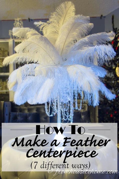 DIY: How To Make Feather Centerpieces (plus 7 variations) | I have used different variations of these DIY ostrich feather centerpieces instead of floral arrangements at all kinds of wedding receptions and parties...a Great Gatsby party, Winter Wonderland Diy Ostrich Feather, Masquerade Centerpieces, Ostrich Feather Centerpieces, Diy Feather, Purple Feathers, Eiffel Tower Vases, Great Gatsby Theme, Tower Vase, Harlem Nights