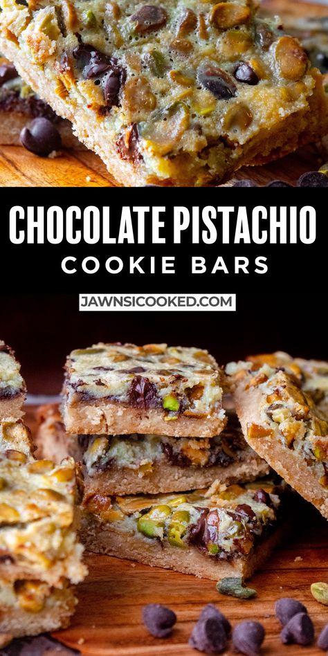 These easy Chocolate Pistachio Cookie Bars come together in a flash, for a simple, yet luxurious dessert that's great for a crowd! With a quick and simple crust and a gooey pistachio nut and chocolate texture, these irresistible pistachio squares are always a hit. Pistachio Cookie Bars, Pistachio Kunafa Chocolate Bar, Recipes With Pistachios, Pistachio Squares, Pistachio Bars, Pistachio Recipes Desserts, Luxury Desserts, Pistachio Bark, Pistachio Cookie