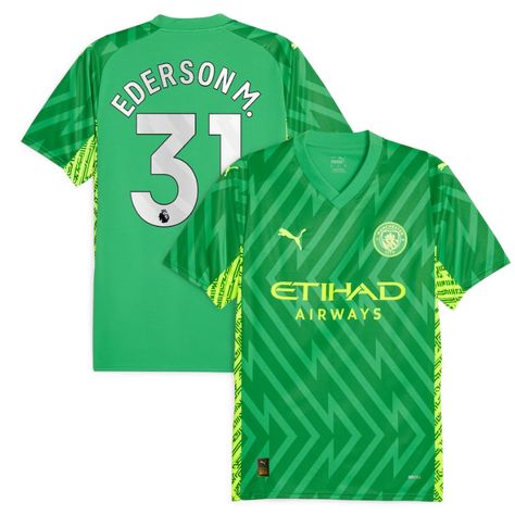 Ederson Manchester City, Jersey Display, Premier League Teams, Landscape Pattern, Puma Kids, Puma Shirts, Kids Soccer, Green Print, Green Man