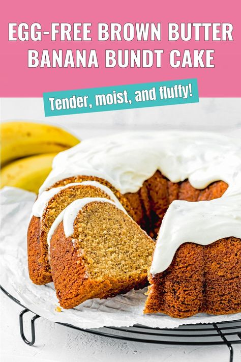 This Egg-Free Brown Butter Banana Bundt Cake is tender, moist, and fluffy. The brown butter adds a rich, nutty twist that really sets this banana cake apart from others. It’s like giving a classic dessert an upgrade that everyone will love! Each bite is light yet satisfying, with a perfect crumb that melts in your mouth. It’s quick and easy to make, packed with flavor, and always a crowd-pleaser. Banana Pound Cake Recipes, Coffee Cake Loaf, Easy Bundt Cake Recipes, Egg Free Desserts, Banana Bundt Cake, Banana Bundt, Moist Cake Recipe, Eggless Cake Recipe, Eggless Desserts