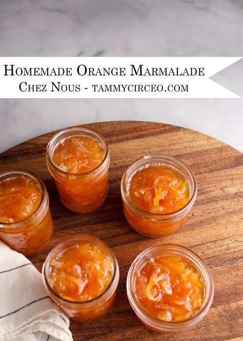 Five jars of Homemade Orange Marmalade Homemade Orange Marmalade Recipe, Homemade Marmalade, Orange Marmalade Recipe, Cheese Homemade, Marmalade Recipe, Orange Marmalade, On Toast, Happy Foods, Orange Recipes