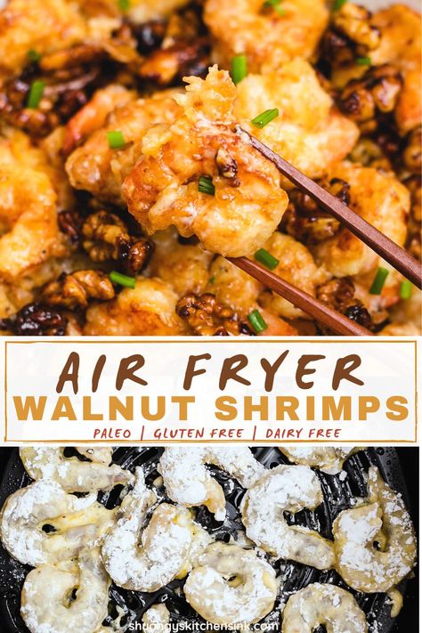 Air Fryer Walnut Shrimps are the best Panda Express copycat meal of your dreams. Not only is this better than take out, but it is also easy to make and home, and delicious. It is paleo and gluten free but has the crunchiest exterior and filled with flavor! Be sure to impress your guests with this meal. This recipe only requires simple ingredients you likely already have at home! #WalnutShrimp #AirfryerShrimp #AirfryerMeals #GlutenFree #DairyFree Healthy Panda Express Recipes, Panda Express Walnut Shrimp Recipe, Gluten Free Shrimp Recipes, Shrimp Air Fryer, Panda Express Copycat, Panda Express Recipes, Honey Shrimp, Walnut Shrimp, Healthy Honey