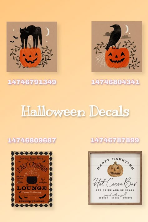 my decals ♥ halloween fall decal codes for bloxburg/berry avenue/roblox ♥ these can be used in any games that allow codes Fall Decal Codes, Decal Codes For Bloxburg, Codes For Bloxburg, Roblox Halloween, Fall Decal, Baby Decals, Bloxburg Decals Codes Aesthetic, Preppy Decal, Pic Code