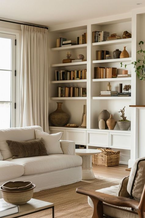 Library Wall In Living Room, Nook Shelving, Shelving Ideas For Living Room, Shelving Unit Ideas, Reading Corner Ideas, Corner Shelves Living Room, Bookshelves Living Room, Creative Shelving, Cozy Reading Corner