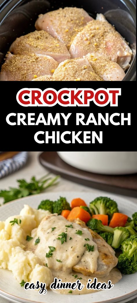 Looking for easy chicken crockpot dump recipes? Try this Crock Pot Creamy Ranch Chicken that's made with a Crockpot Ranch Chicken recipe and only takes a few ingredients. Whether you love Chicken Breast Crockpot Recipes or prefer Crockpot Chicken Recipes Ranch Packet, this creamy, ranch-flavored dish is perfect for any night. Serve it over rice, mashed potatoes, or pasta for a satisfying dinner! Keto Chicken In Crock Pot Recipes, Recipes For Chicken In The Crockpot, Creamy Chicken In The Crockpot, Chicken Ole Crockpot, Easy Quick Chicken Crockpot Recipes, Healthy Creamy Crockpot Chicken, 4 Hour Chicken Crock Pot Meals, Crockpot Chicken With Greek Yogurt, Crockpot Ritz Cracker Chicken