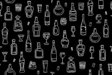 Vector trendy seamless pattern of alcoho... | Premium Vector #Freepik #vector #bourbon #whisky-bottle #whiskey-bottle #brandy Alcohol Background, Drink Covers, Alcohol Bottles, Creative Background, Bourbon, Black Backgrounds, Liquor, Seamless Patterns, Alcoholic Drinks