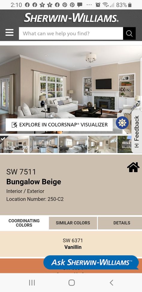 Bungalow Beige Sherwin Williams Exterior, Bungalow Beige Sherwin Williams, Bungalow Beige, Beige Sherwin Williams, Beige Inspiration, Indoor Paint Colors, Indoor Paint, White Exterior Houses, Interior Colors