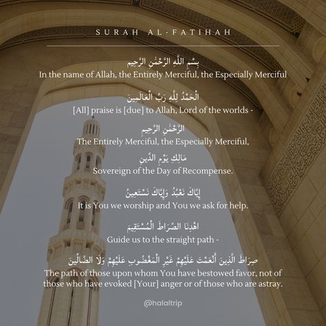 Al-Fatihah 🤲🏼 The surah that we recite at least 17 times a day in our daily salah. It is the first chapter of the Quran and an essential part of our daily salah. How many times have we rushed through our prayers without fully understanding our plead to Allah SWT in Surah Al-Fatihah? May we be better Muslims who appreciate the tafseer of the different surah in the Al-Quran, especially the Al-Fatihah, In Shaa Allah 💛 #halal #halaltrip #alfatihah #islam #quran #muslim Surah Al Fatihah Aesthetic, Al Fatihah Surah Wallpaper, Al Fatihah, Islamic Surah, Salah Times, Surah Al Quran, Surah Fatiha, Surah Al Kahf, Nouman Ali Khan