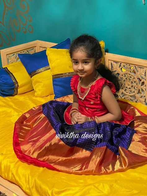 Langa Jacket For Kids Pattu, Paithani Lehangas, Pattu Lehenga For Kids, Langa Blouse For Kids, Pattu Pavada, Baby Lehenga, Pattu Langa, Cotton Frocks For Kids, Blouse Peplum