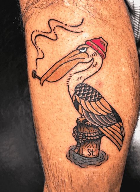 Pelican Traditional Tattoo, American Traditional Pelican Tattoo, Sailor Tattoo Design, Pelican Tattoo Men, Trad Animal Tattoo, Long Traditional Tattoo, American Traditional Tattoos Animal, Pelican Tattoo For Women, American Traditional Nautical Tattoo