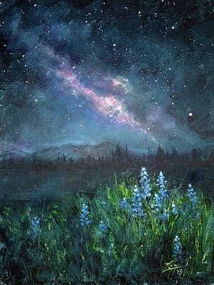 Field At Night Painting, Celestial Acrylic Painting, Flowers At Night Painting, Night Garden Painting, Stars Acrylic Painting, Stars Painting Aesthetic, Celestial Painting Ideas, How To Paint Night Sky, Landscape Paintings Night