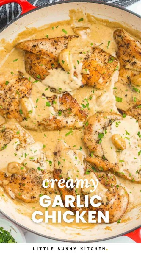 One Pan Creamy Garlic Chicken - Little Sunny Kitchen Dutch Oven Chicken Breast, Easiest Dinner, Dutch Oven Chicken, Little Sunny Kitchen, Garlic Chicken Recipe, Free Range Chicken, Chicken Garlic, Garlic Parmesan Sauce, Sunny Kitchen