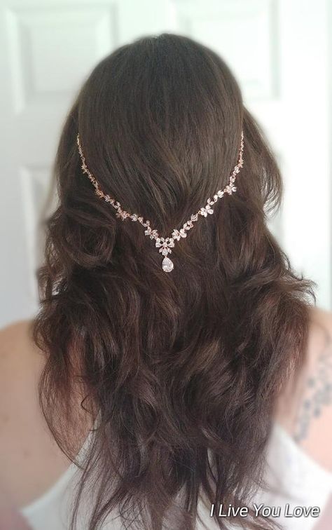 Rose Gold Bridal Hair Chain-Rose Gold Hair Jewelry-Rose Gold Hair Accessory-Rose Gold Bridal Headpiece-Bridal Hair Drape-Wedding Hair Chain-CZ Crystal Flower Rose Gold Bridal Hair Chain.  What lovely gold with Cubic Zircon flowers to have glimmering in your hair. We wanted to bring a little of the Prom Hair Decorations, Boho Bridal Jewelry Rose Gold, Hairstyle For Layered Hair Wedding, Bride Headpiece Hair Down, Rose Gold Bridal Hair Piece, Wedding Hair Chain, Hair Chain Wedding, Gold Headpiece Wedding, Rose Gold Hair Piece