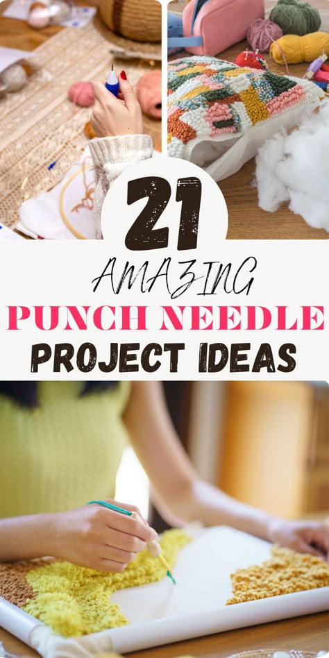 In this blog post we share 21 incredible ideas for punch needle projects! Whether you are starting out with punch needling or you already made many projects, we  definitely have you covered with some fresh ideas to try out! Punch Needle Tutorials, Punch Needle Yarn Size, Punch Needle Embroidery Stitches, Punch Needle Lampshade, How To Finish Punch Needle Projects, Felt Punching, Punch Needle Crafts To Sell, Punch Needle Crafts Ideas, Punch Embroidery Ideas