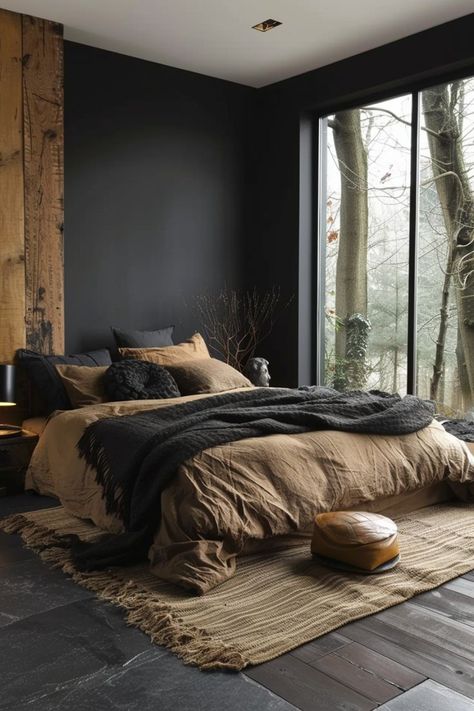 Modern Rustic Accent Wall, Dark Theme Bedroom Ideas, Rustic Dark Bedroom Ideas, Men’s Decor, Aesthetic Bedroom Men, Small Mens Bedroom, Black And Wood Bedroom Ideas, Mens Bedroom Aesthetic, Small Dark Bedroom