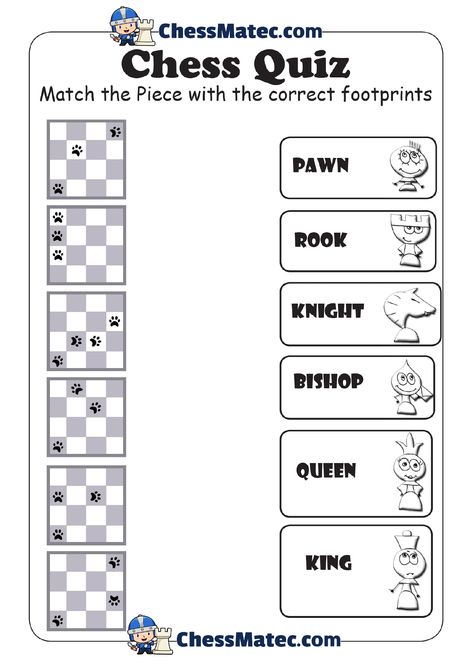 Chess Pieces - Chess Quiz - Match the pieces with its move ChessMatec.com - Play & Learn Chess for kids learning platform For more Worksheets visit our website and resources. www.chessmatec.com Learning Chess, Chess Worksheets, Chess For Kids, Chess Activities For Kids, Beginner Chess, Chess Tricks, Chess Rules, Chess Online, Chess Tactics