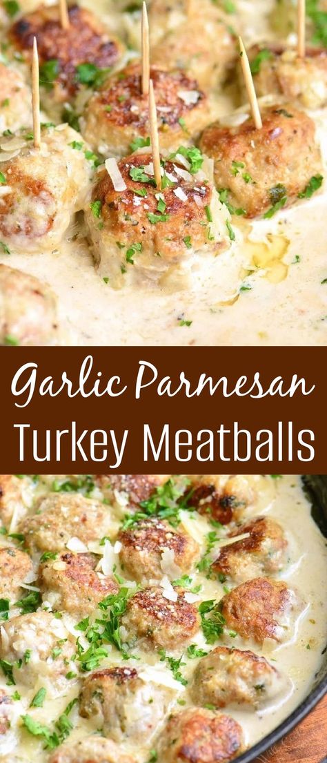 Juicy Turkey Meatballs are packed with flavors of garlic, Parmesan cheese, and herbs. These meatballs are perfect for a weekend dinner and can be made ahead of time for a quick weeknight meal. Paired perfectly with a simple Garlic Parmesan Cream Sauce. Garlic Parmesan Cream Sauce, Turkey Meatballs Crockpot, Low Carb Turkey Meatballs, Meatballs Sauce Recipe, Easy Turkey Meatballs, Turkey Meatballs Healthy, Ground Turkey Meatballs, Juicy Turkey, Meatball Dinner