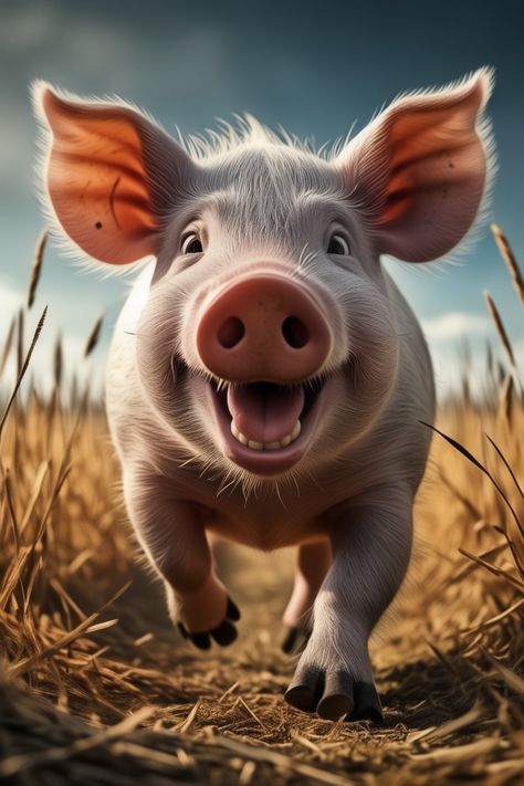 a pig running across a dry grass field, digital art Pig Eyes, Baby Animal Painting, Pig Images, Animal Caricature, Pig Pictures, Pig Drawing, Funny Animals With Captions, Pig Art