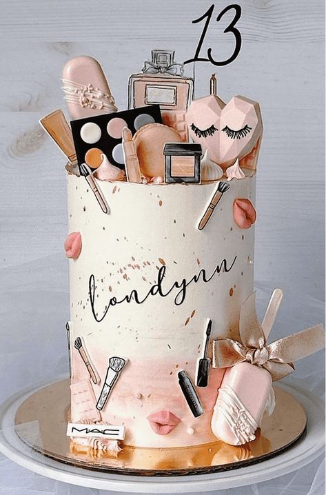 4 Inch Birthday Cake Ideas, Cake With Makeup Decoration, Makeup Party Cake, Cake Ideas For 12th Birthday Girl, Cake Designs For Teenage Girl, Makeup Cake Design, Birthday Cake Makeup, Makeup Birthday Cake, Teen Birthday Cake