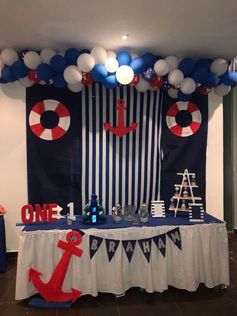 Sailor Birthday Decoration, Sailor Theme Party Decorations, Ahoy Birthday Theme, Nautical Fruit Tray Ideas, Sailor Theme Baby Shower For Boy, Nautical Birthday Theme, Sailor Theme Party, Nautical Birthday Party Decorations, Nautical Baby Shower Boy