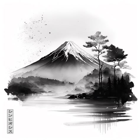 Original artwork in the style of a Japanese Calligraphy Ink brush Art. High resolution image, enlarged and enhanced for printing and display. Ink Brush Art, Japanese Ink Art, Sakura Garden, Japanese Calligraphy Art, Sepia Art, Japanese Ink Painting, Japanese Mountains, Brush Art, Ink Paintings